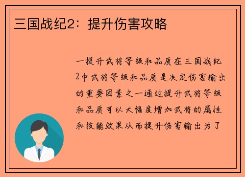 三国战纪2：提升伤害攻略